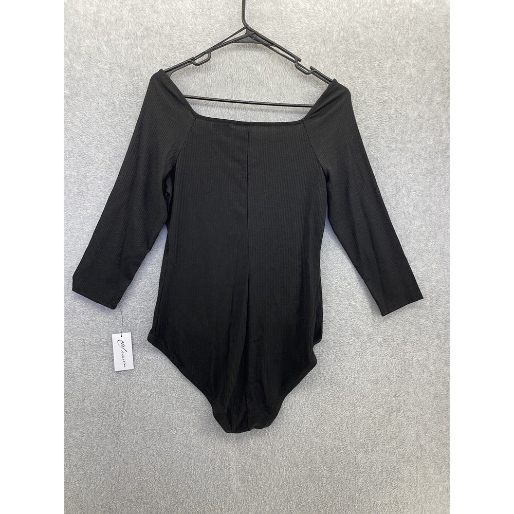 NY Collection Women's Bodysuit Ribbed 3/4 Sleeve Solid Black Medium - Picture 2 of 13